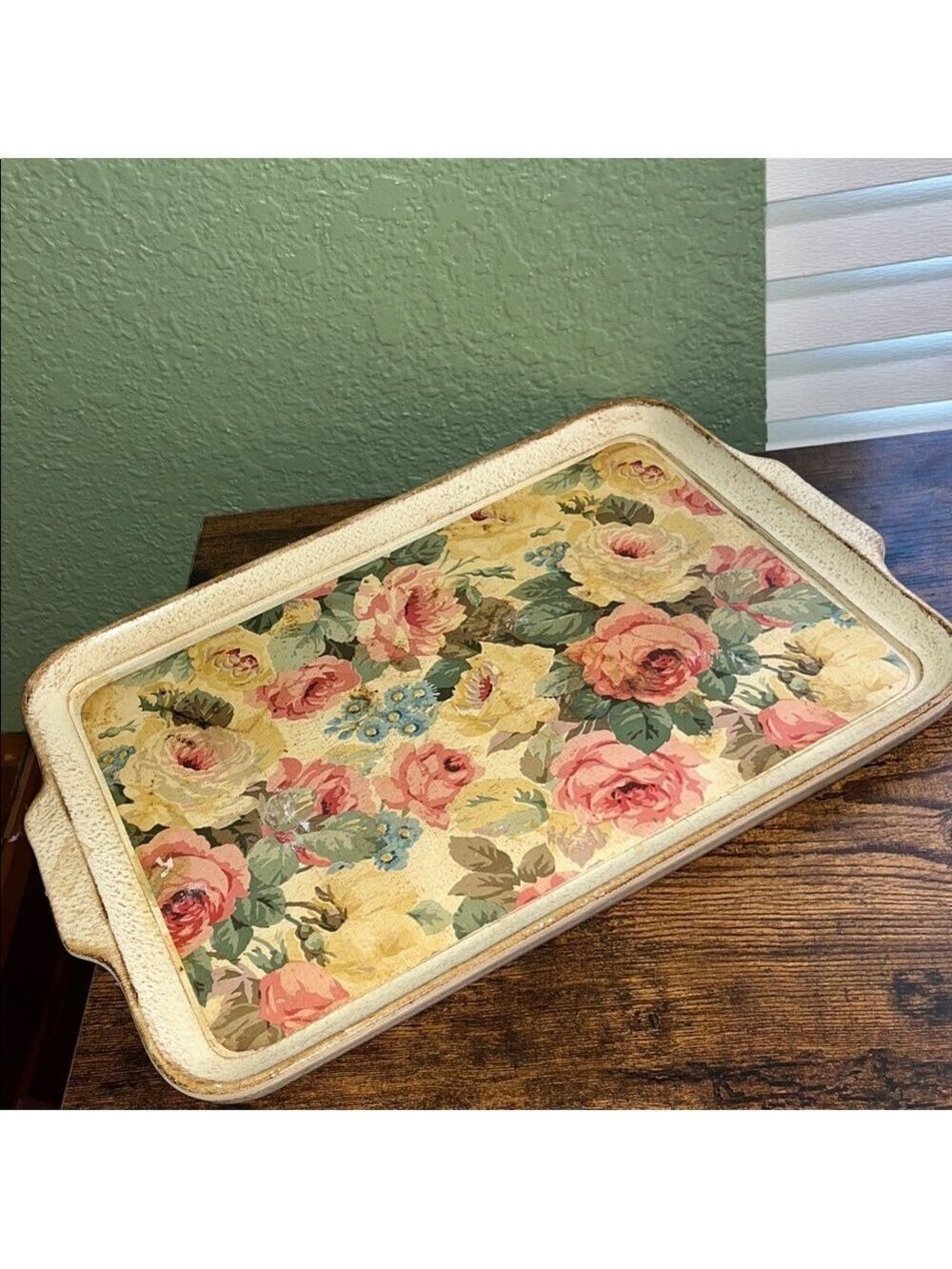 Vintage 1970s Italy Floral Tray Beige Pink Italian Serving Tray cottagecore